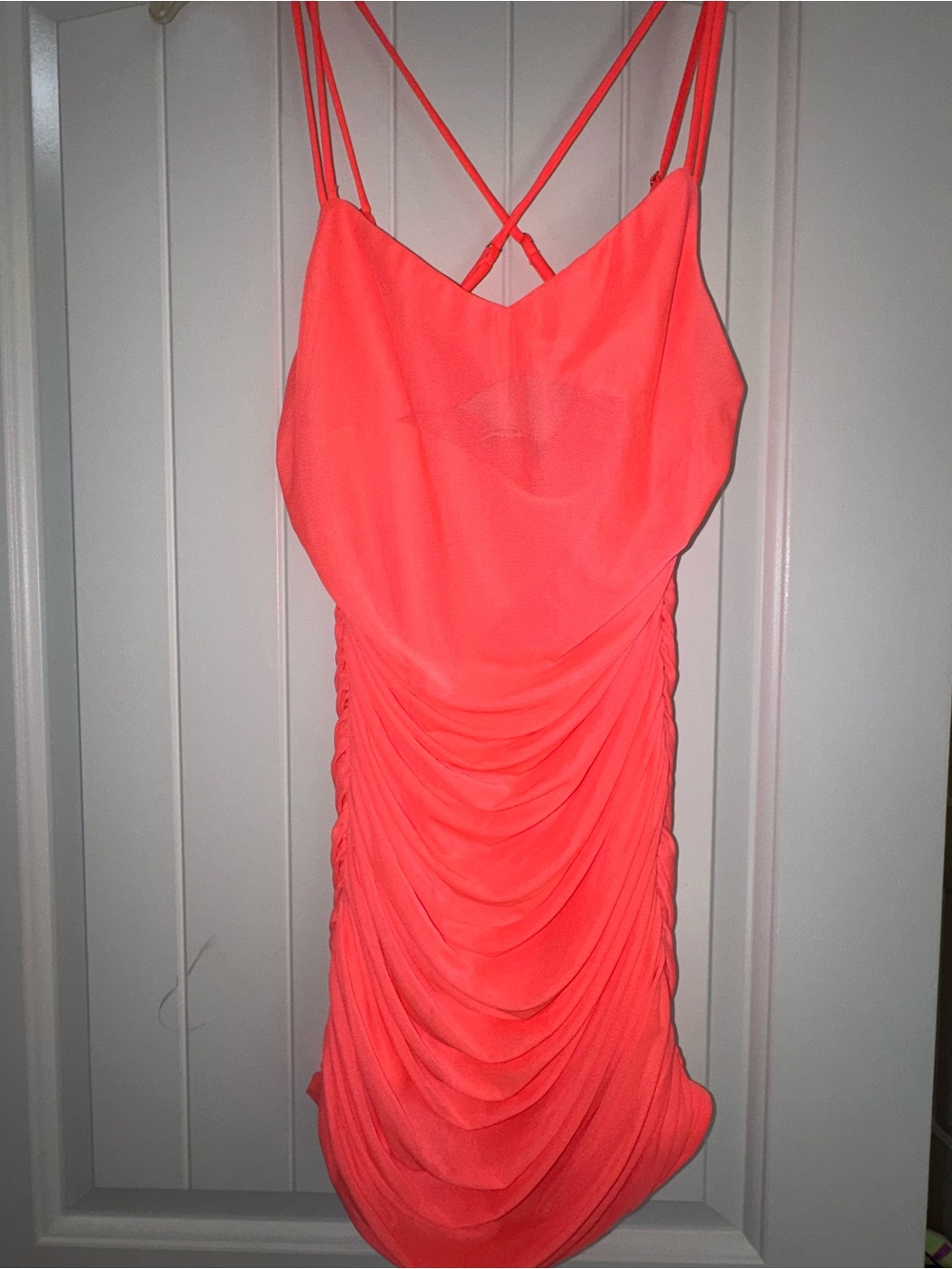 Lucy in the Sky Neon Coral Ruched Double-Strap Cami Dress